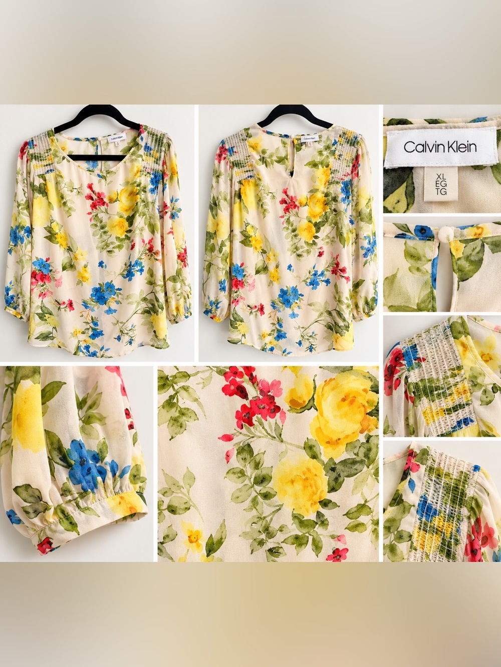 Calvin Klein XL Watercolor Floral Smocked Shoulder Blouse